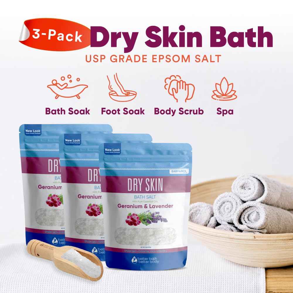 Dry Skin Bath Salt (3 Pack with Scoop) Skin Soothing Epsom Salt with Pure Essential Oils in BPA Free Pouch with Press Lock Seal Made in USA Three 2 Lbs Pouches 6 Lbs Total