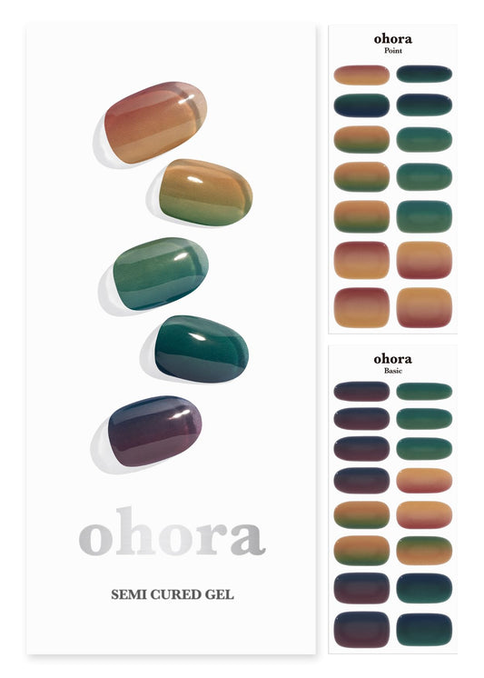 ohora Semi Cured Gel Nail Strips (N Autumn Ombre) - Green/Brown, Ombre, Works with UV/LED Lamps, Salon-Quality, Long Lasting, Easy to Apply & Remove - Includes 2 Prep Pads, Nail File & Wooden Stick