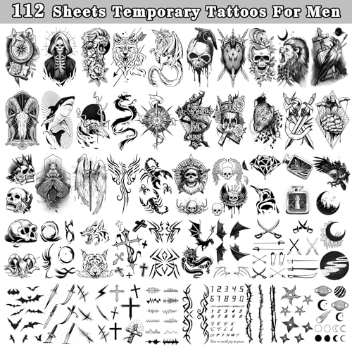 Cerlaza 112 Sheet Temporary Tattoos for Men