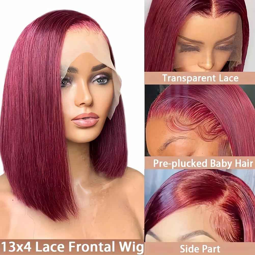 SKYDO 13x4 Lace Front Bob Wig Human Hair - 99J Burgundy, Pre-Plucked Hairline 180 Density, 8 Inch Wigs for Women