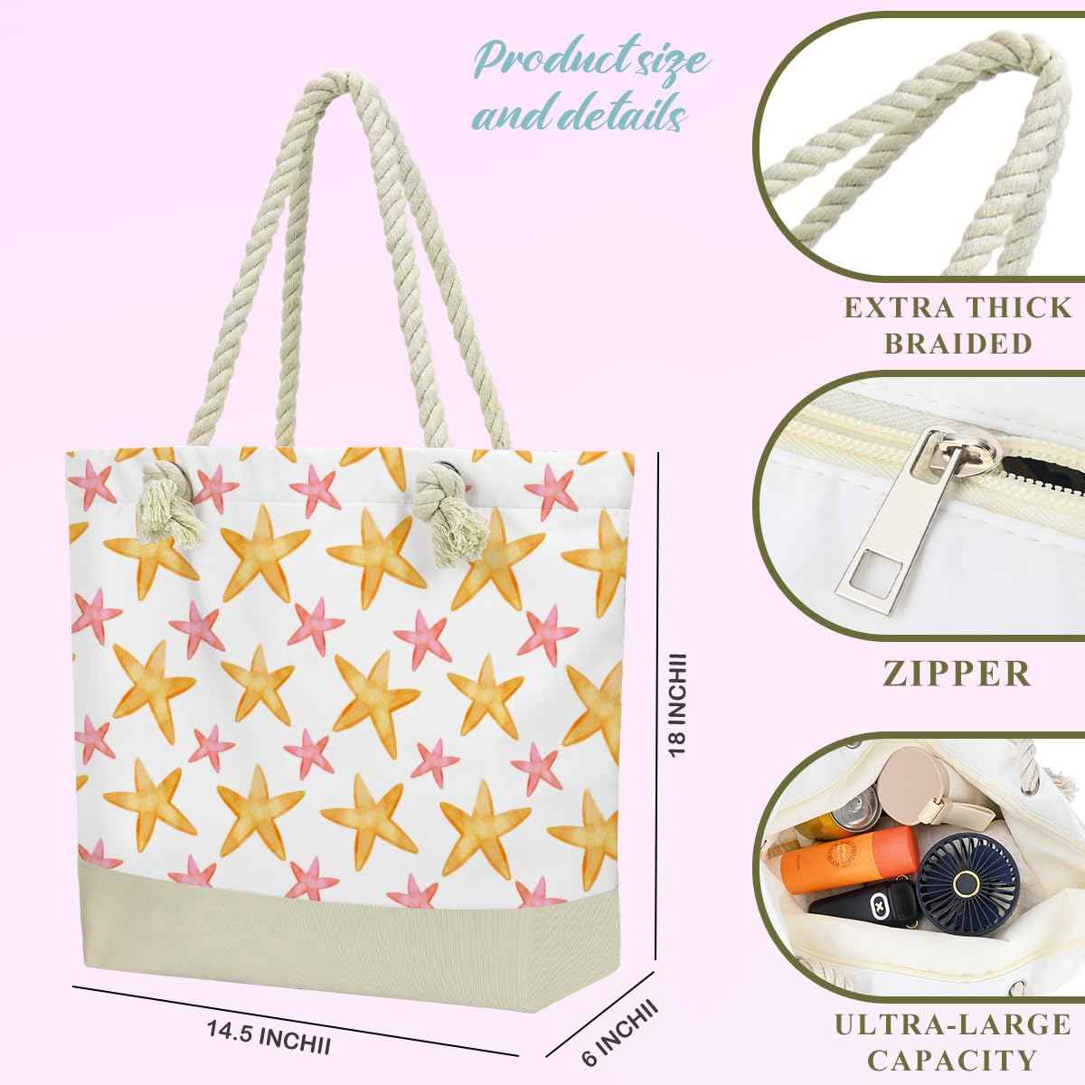 Beach Bags for Women, Wet Bag Cosmetic Bag, Pool Waterproof Shoulder Tote Bags, Pocket Zipper Summer Travel Essentials, Gifts for Women Birthday - Yellow and Pink Starfish (2-Piece Set)