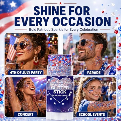 Red White & Blue Patriotic Glitter Stick, Waterproof 4th of July