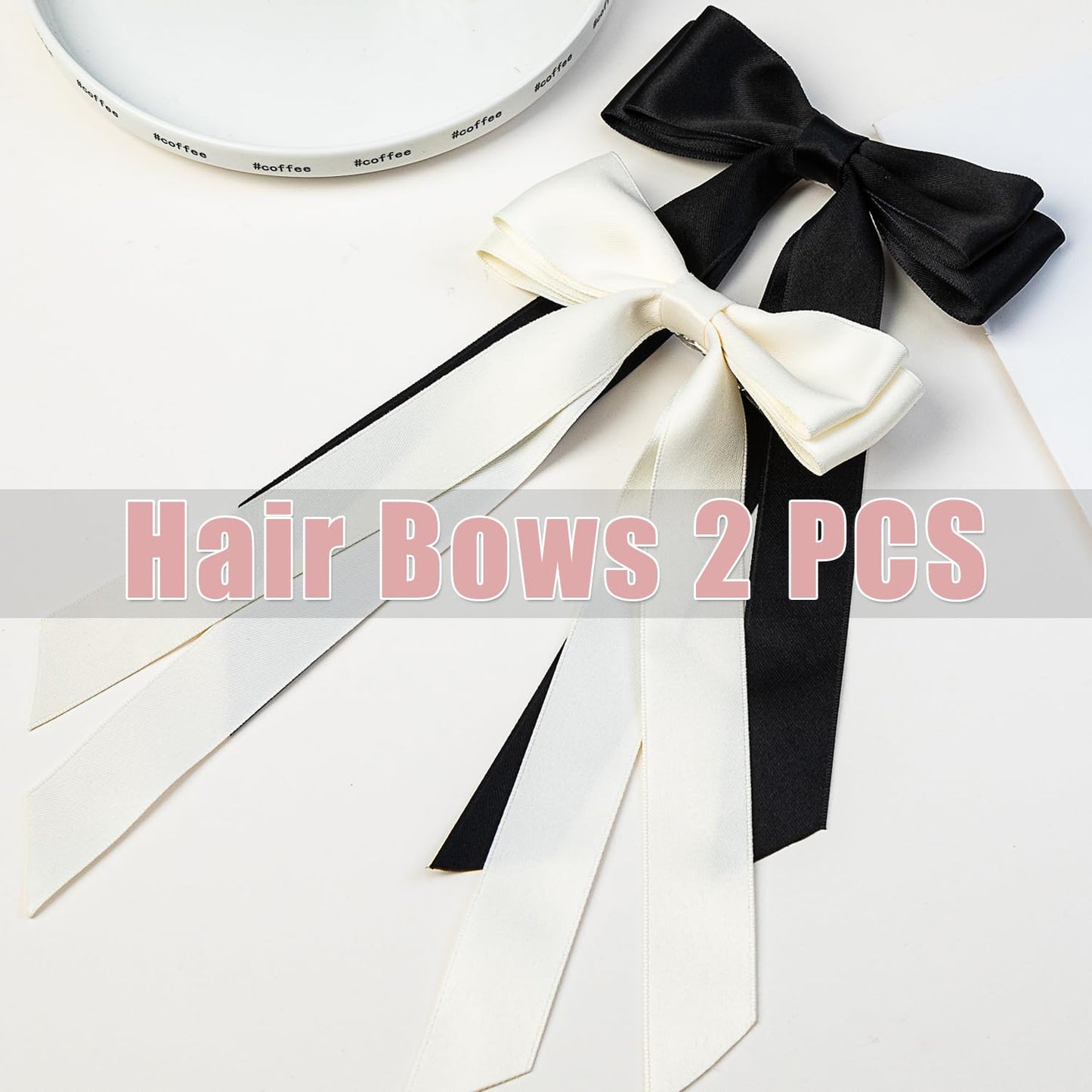 Large Double Ribbon Hair Bows and Barrettes - 2 PCS Hair Bow Claw Clips and Ribbons Accessories for Women (Beige, Black)