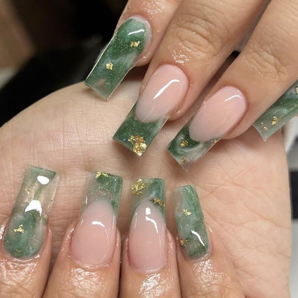 Nails Press Ons Medium Square Press on Nails Green Fake Nails with Gold Leaf Design Stick on Nails Full Cover Glossy Acrylic Nails French Tip Glue on Nails for Women Manicure 24Pcs