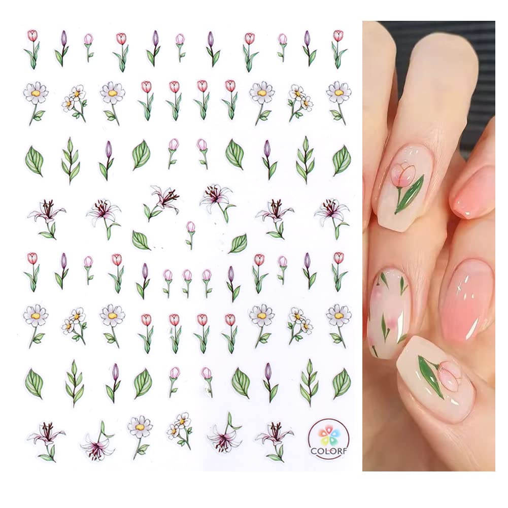 Flower Nail Art Stickers Decal,4 Sheets Tulip Nail Stickers for Nail Art,3D Elegant Spring Self-Adhesive Nail Supplies Flowers Floral Small Tulip Nail Designs for Women Girls Nail Art DIY Decorations