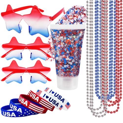 Mysense 4th of July Accessories Set - Sunglasses, Necklaces & Glitter