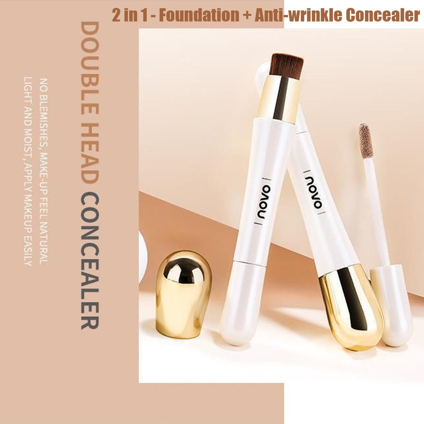 Happyhours 2 in 1 Foundation Anti-Wrinkle Concealer with Built-in Brush, Novo Foundation and Concealer Double Head Makeup Stick, Waterproof Long Lasting Anti-Wrinkle Concealer Foundation (2Pcs-02)