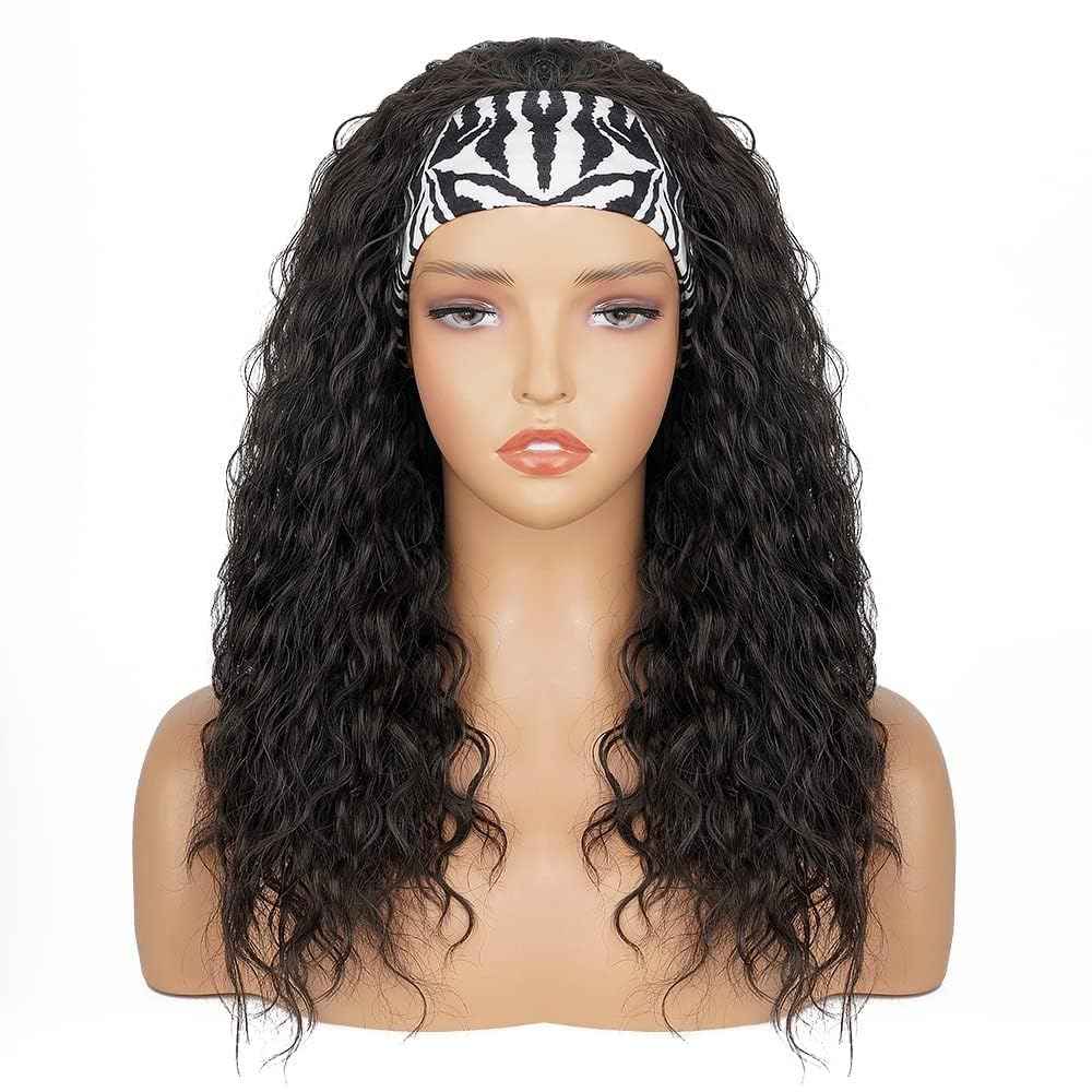 Emistar Curly Headband Wigs for Black Women Wet and Wavy Afro Headband Wig Water Wave Blend Human Hair & Synthetic Hair Ready to Go Glueless Half Wigs 180% Density (#1B, 8 Inch)