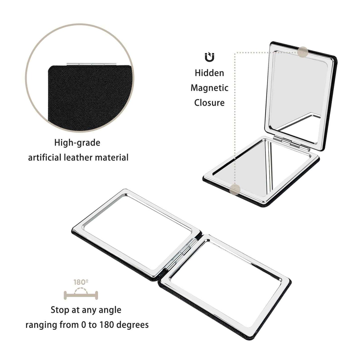 YOLCAR Portable Beauty Mirror with Leather Cover, 1X/2X Two-Sided Makeup Small Pocket Mirror, Portable for Travel and Purses - Black