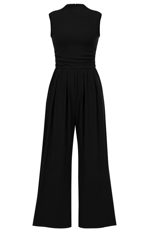 PRETTYGARDEN Womens Summer Jumpsuits Dressy Casual One Piece Outfits Sleeveless Mock Neck Wide Leg Pants Rompers with Pockets (Black,Small)