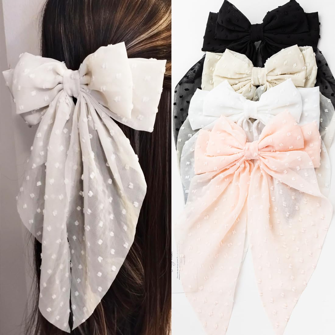 Seneeel Large Hair Bows 4 PCS - Cute Oversized Ribbon Bows for Women in Beige, Light Pink, White, Black - Hair Barrettes for Different Occasions