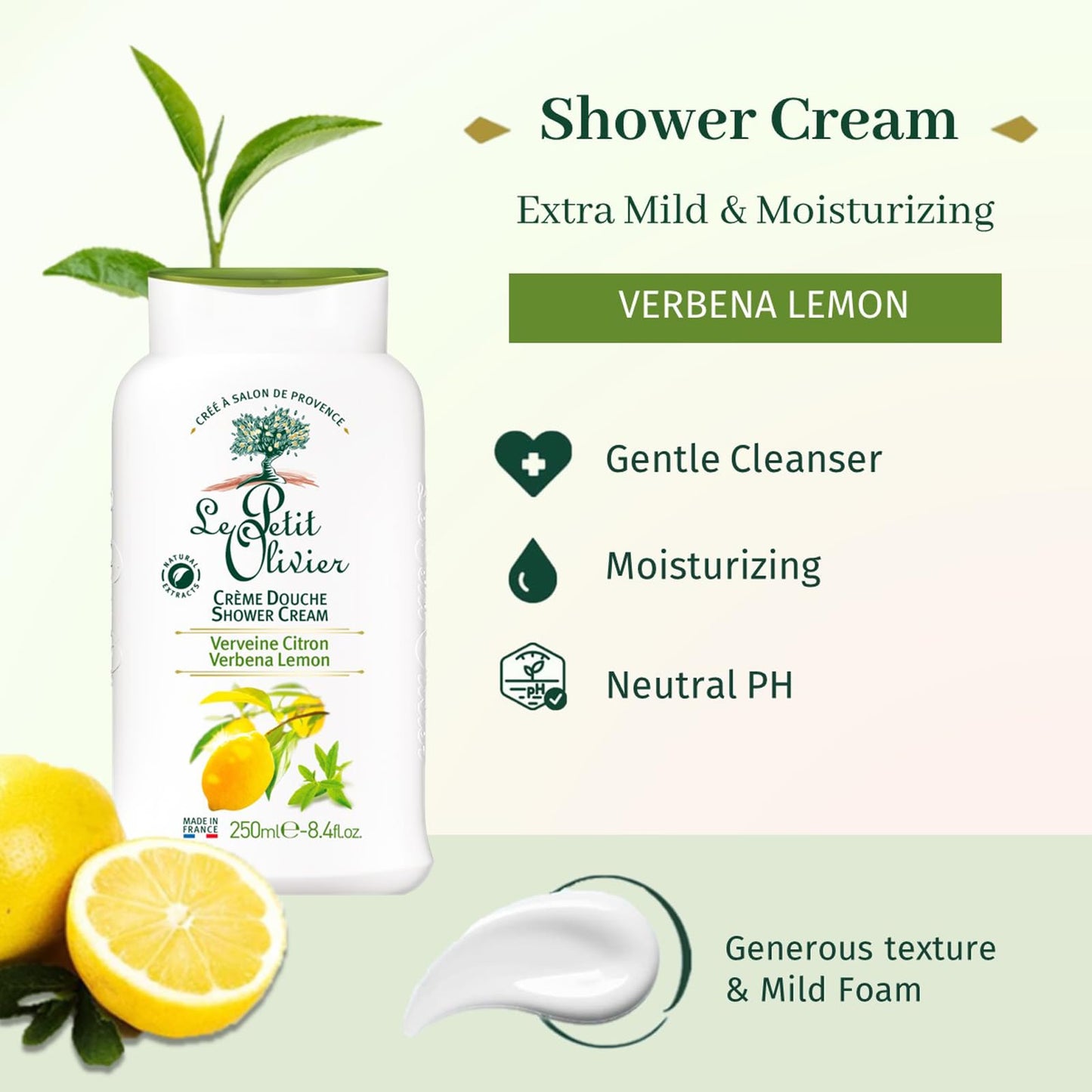 Le Petit Olivier Shower Cream - Verbena Lemon - Gently Cleanses Skin - Fresh and Moisturizing - pH Neutral - Dermatologically Tested - Free Of Soap and Dyes - 8.4 Oz (Pack of 2)