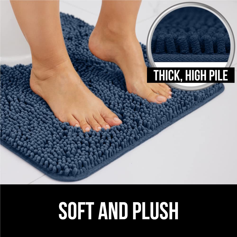 Gorilla Grip Plush Absorbent Shaggy Chenille Bath Rug Mat for Toilet Base with Rubber Backing, Machine Washable, Microfiber Bathroom Contour Mats for Toilets, Bath Room Decor, Square, 22.5x19.5, Navy