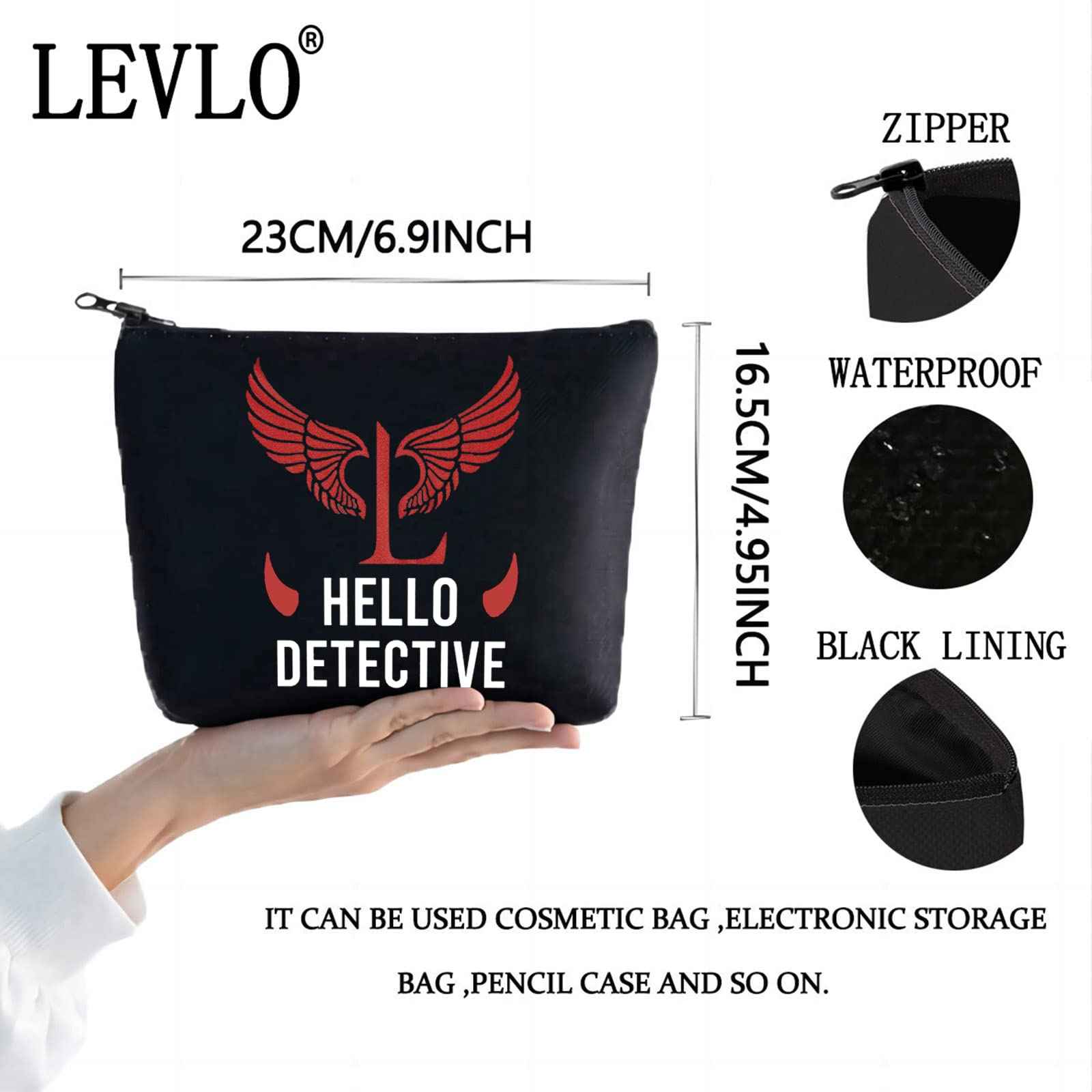 LEVLO Lucifer TV Show Cosmetic Make Up Bag Lucifer Morningstar Gift Hello Detective Lucifer Makeup Zipper Pouch Bag For Women Girls (Hello Detective Black)