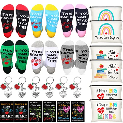 Pasimy 24 Pcs Thank You Gifts for Women Teacher Appreciation Gifts Set, Socks, Makeup Bags, Inspirational Notepads, Keychains, Thank You for Helping Me Grow(Delicate)