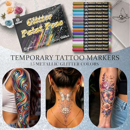 IJIANG 15 Metallic Glitter Tattoo Markers - Skin-Safe & Washable