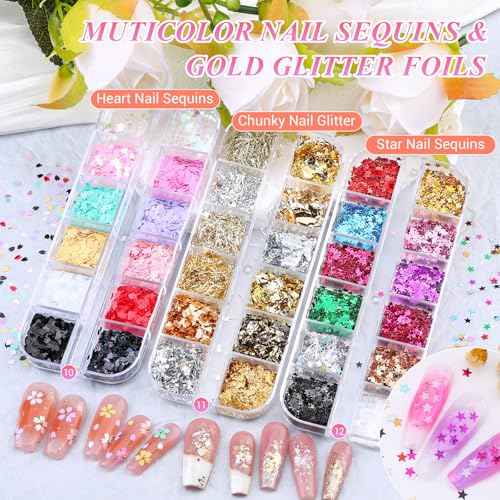 12 Boxes Nail Gems and Charms, Gold Charms for Nails Rhinestones Kit with 30 Sheets Nail Art Stickers Crystals Flatback Pearls Nail Decals Fruit Nail Charms Pearls for Nails Design DIY Accessories