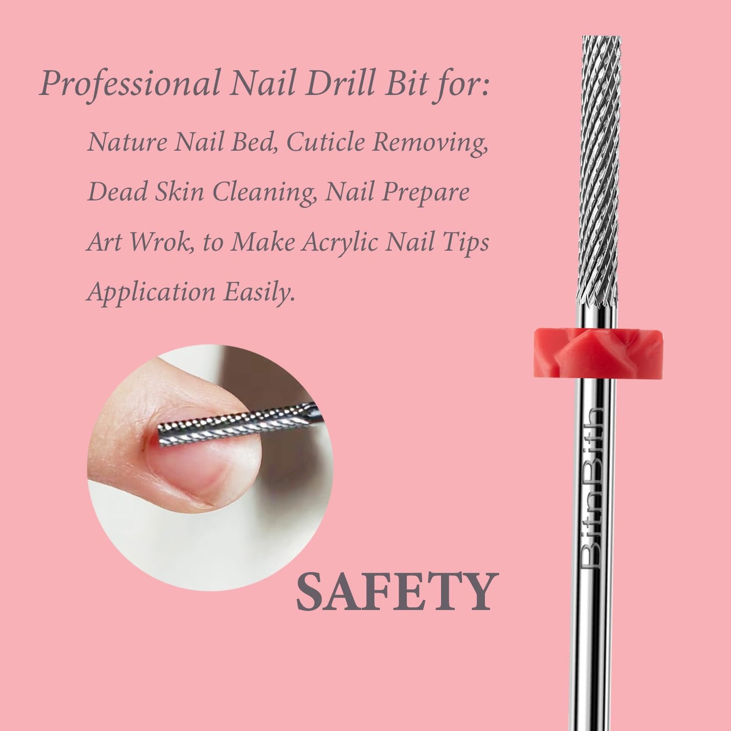 BITNBITH Nail Drill Bits Safety Cuticle Nail Buffer Bit 3/32",Tungsten Carbide Professional Drill Bit for Nail Prepare Nail Bed File Dead Skin Cleaning,Manicure 2-Way Rotate For Nail Home Salon,Fine