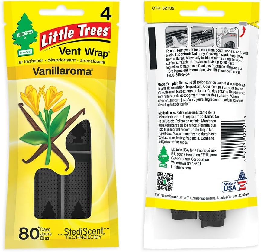 LITTLE TREES Car Air Freshener. Vent Wrap Provides Long-Lasting Scent, Slip on Vent Blade. Vanillaroma, 16 Air Fresheners, 4 Count (Pack of 4)