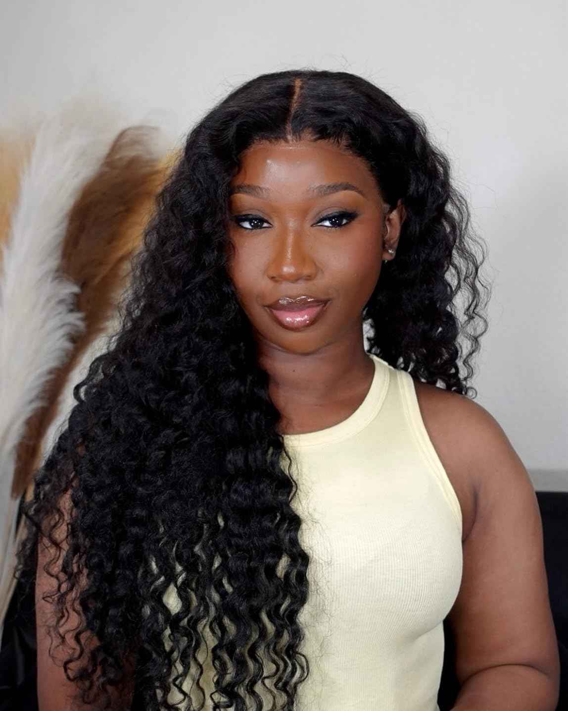 MOMOSHERO 2x6 HD Lace Closure Only Deep Wave Human Hair,HD Transparent Swiss Lace Kim K Closure Deep Middle Part Curly Hair Lace Closure Full 150% Density 100% Human Hair Natural Black Color 14 Inch