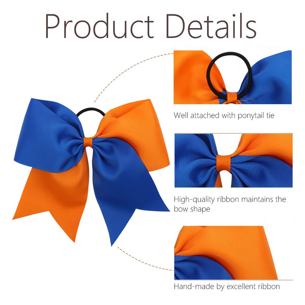 16PCS 8" Large Cheer Hair Bows Ponytail Holder Elastic Band Handmade for Cheerleading Teen Girls College Sports (16 Pcs) (Royal blue/Orange)