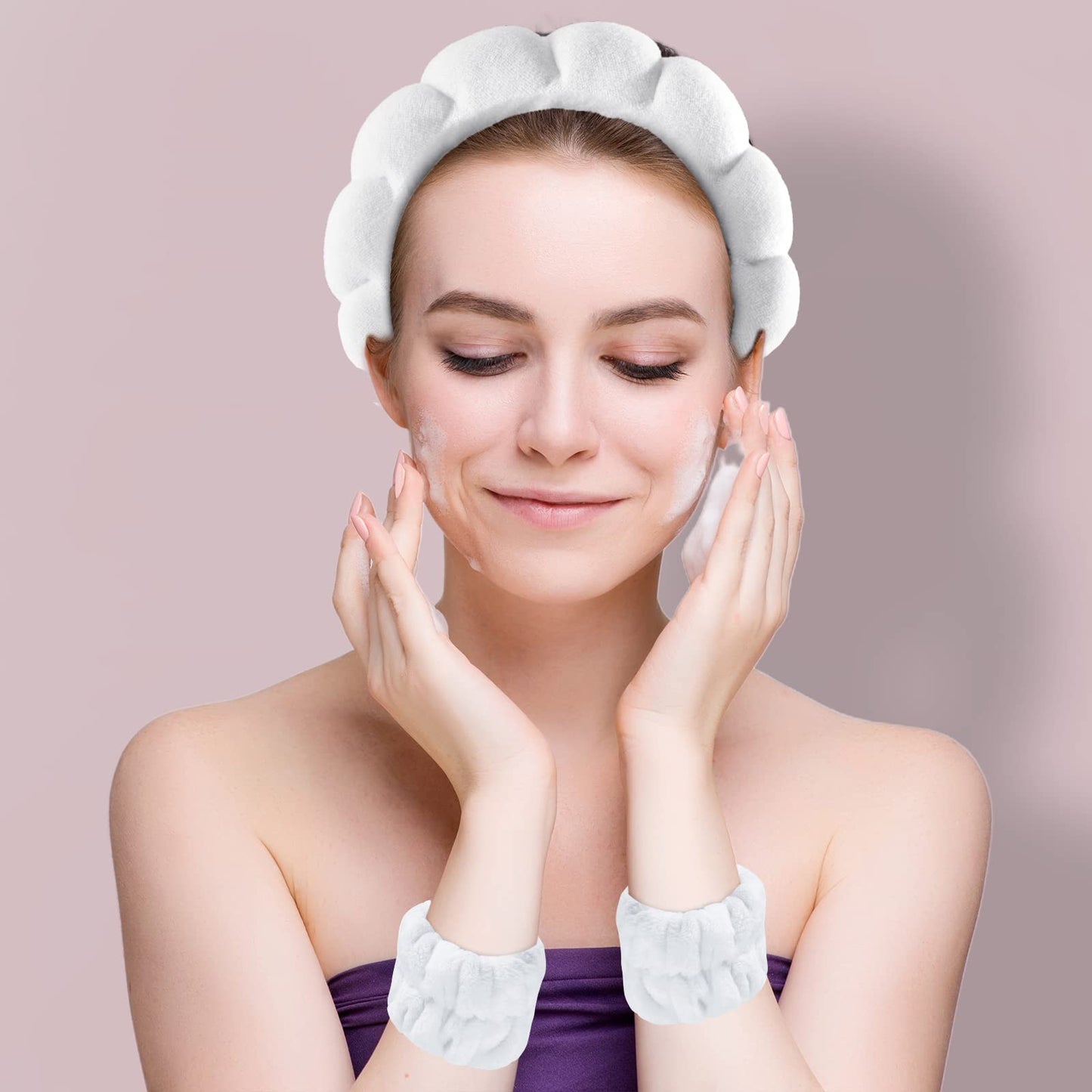 Spa Headband for Washing Face, Sponge Skincare Headband and Wrist Washband Set White Makeup Headband for Skincare, Shower for Women
