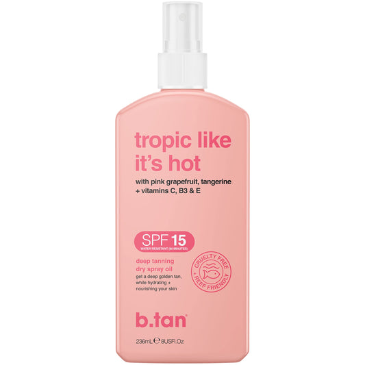 b.tan SPF 15 Deep Dry Spray Tanning Oil | Tropic Like It's Hot - Keeps Skin Hydrated & Hot from Grapefruit, Tangerine, Vitamins C, B5, E, A, 8 Fl Oz