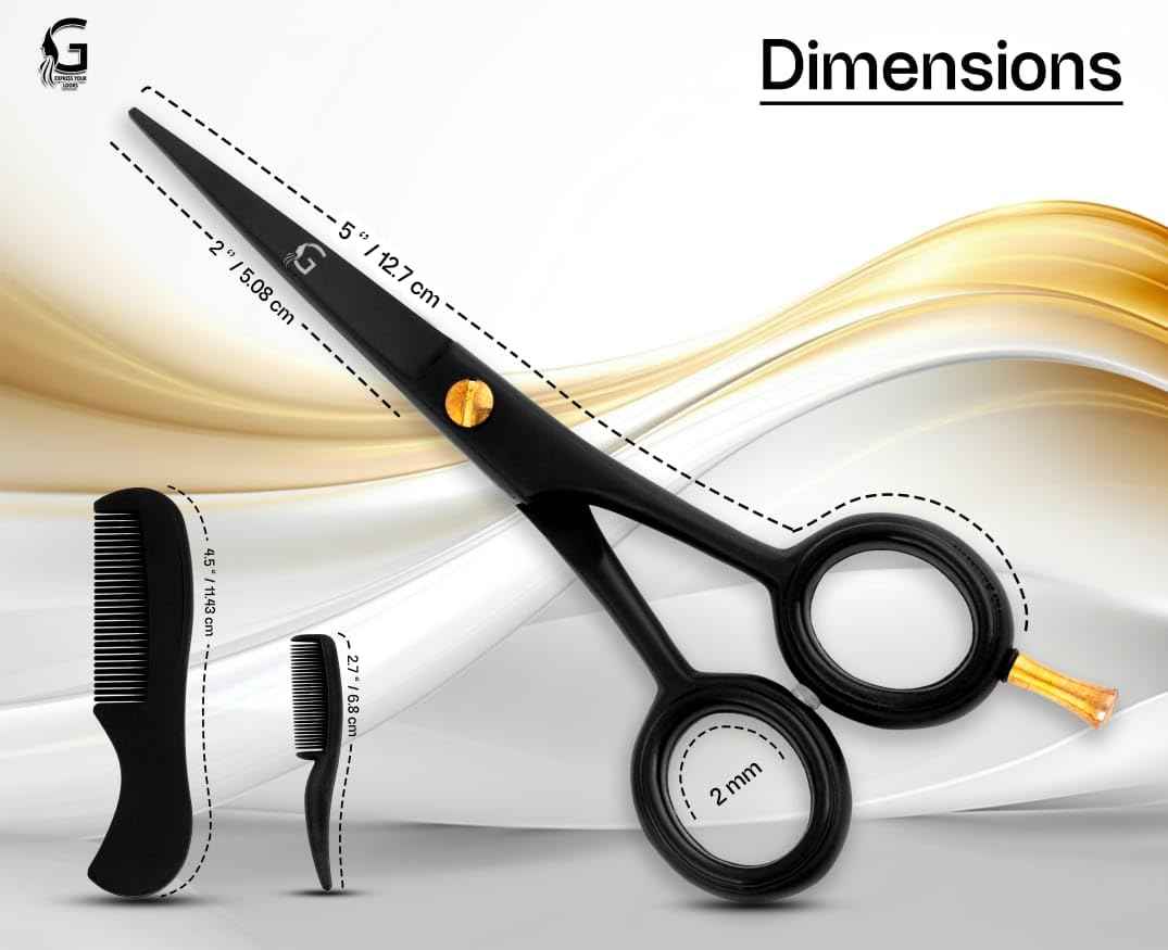5” Professional Beard Mustache Scissors with 1 Beard Comb, 1 Mustache Comb - Prefect Mustache Trimming Scissors for All Facial Hair – Grooming Scissors for Men