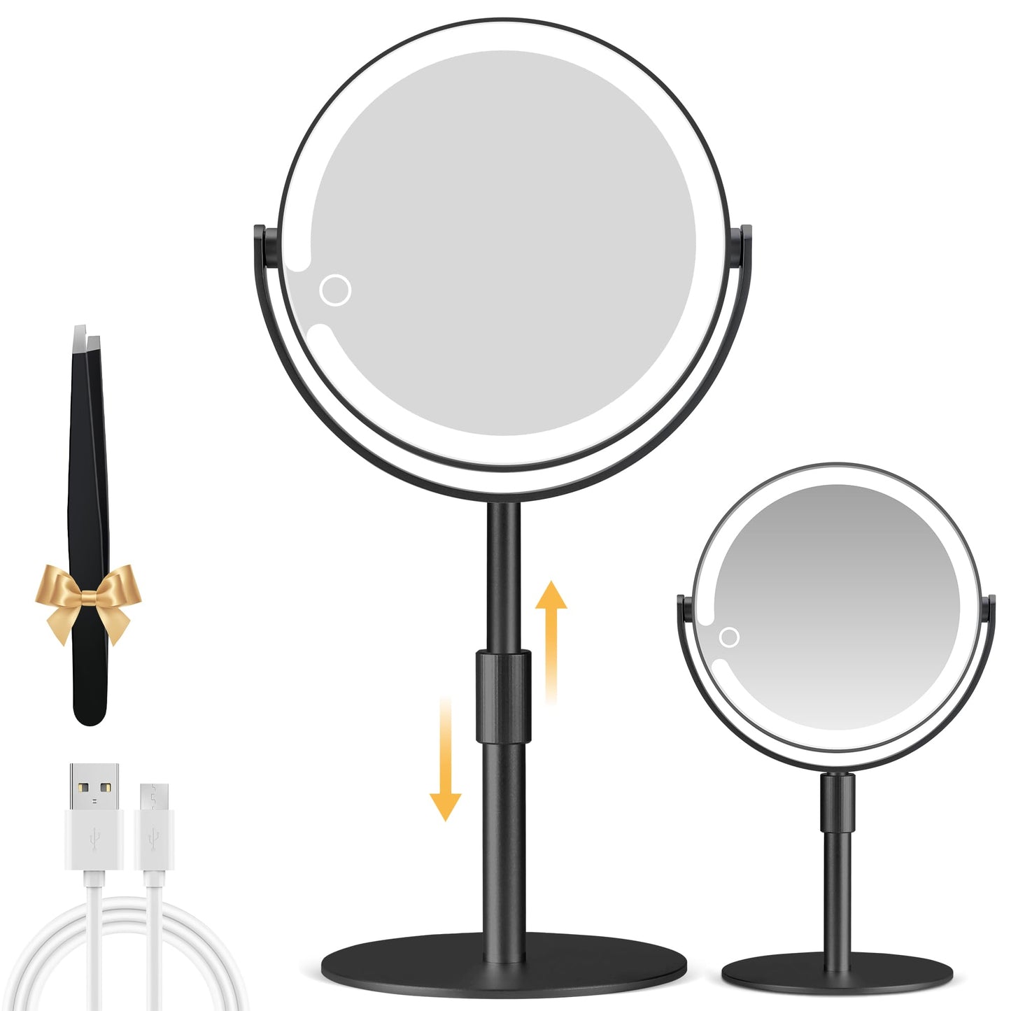 MOMOKUBA Magnifying Mirror with Light 20X, Height-Adjustable Lighted Makeup Mirror with Magnification, Double - Sided Aluminum Alloy LED Mirrors, 3 Lighting Modes Ideal for Bathroom Make-up, Black