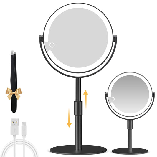 MOMOKUBA Magnifying Mirror with Light 20X, Height-Adjustable Lighted Makeup Mirror with Magnification, Double - Sided Aluminum Alloy LED Mirrors, 3 Lighting Modes Ideal for Bathroom Make-up, Black