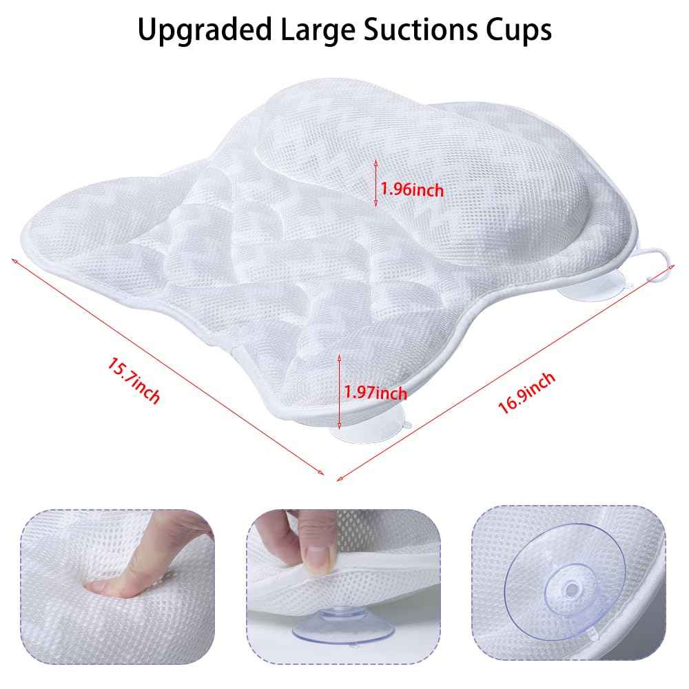 Bath Pillow, Tub Pillow for Bathtub Support Neck,Head and Back with Strong Non-Slip Suction Cups and Comfortabl 3D AirMesh Bath Pillow for Men and Women