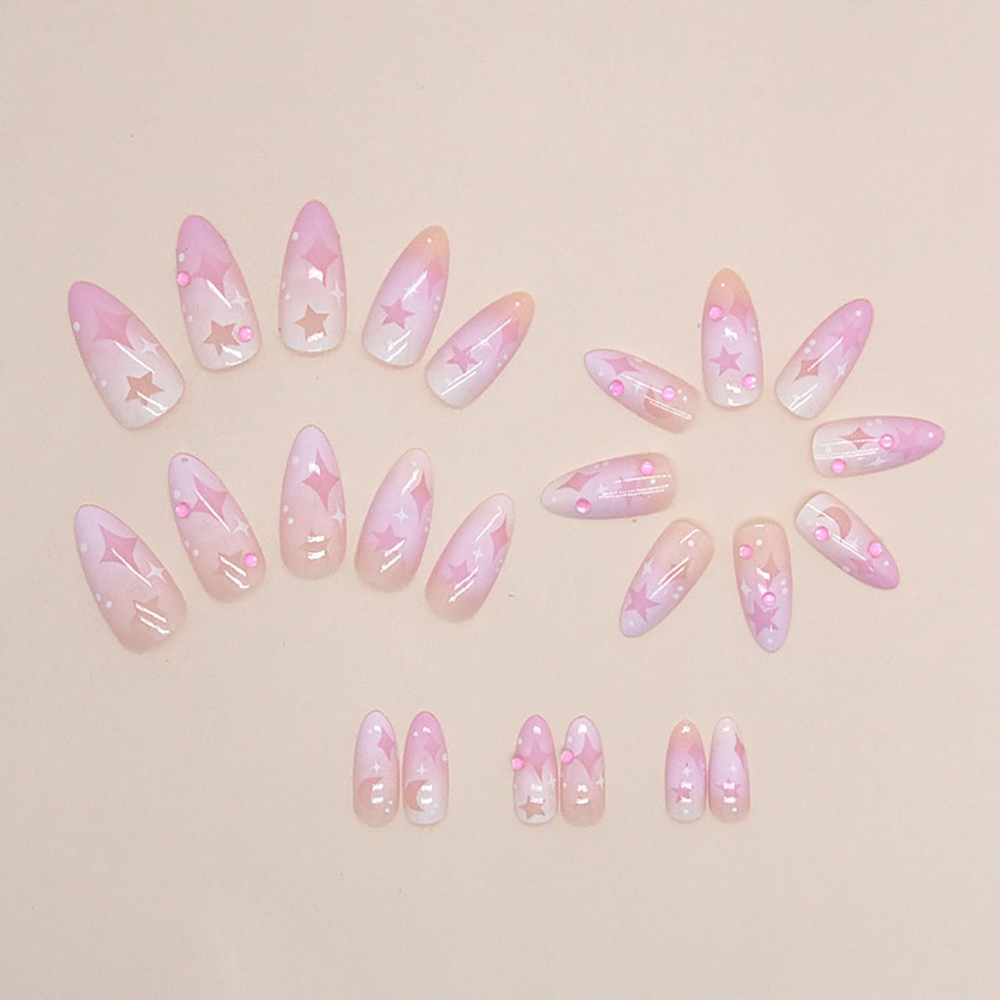 Press on Nails Medium Almond MABKJLF Fake Nails Pink Gradient Full Cover Stars Moon False Nails with Designs Rhinestones Glossy Glue on Nails Manicure Acrylic Artificial Nails for Women Girls 24Pcs