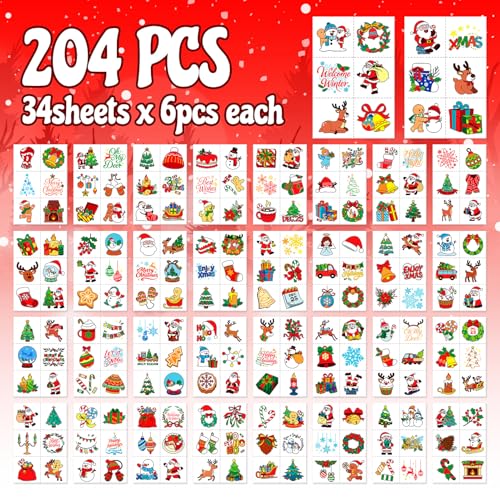 PARTYWIND 204 PCS Christmas Tattoos for Kids, Christmas Stocking Stuffers for Kids, Xmas Stickers Decorations Party Favors for Girls Boys, Christmas Goodie Bags for Classroom Prizes