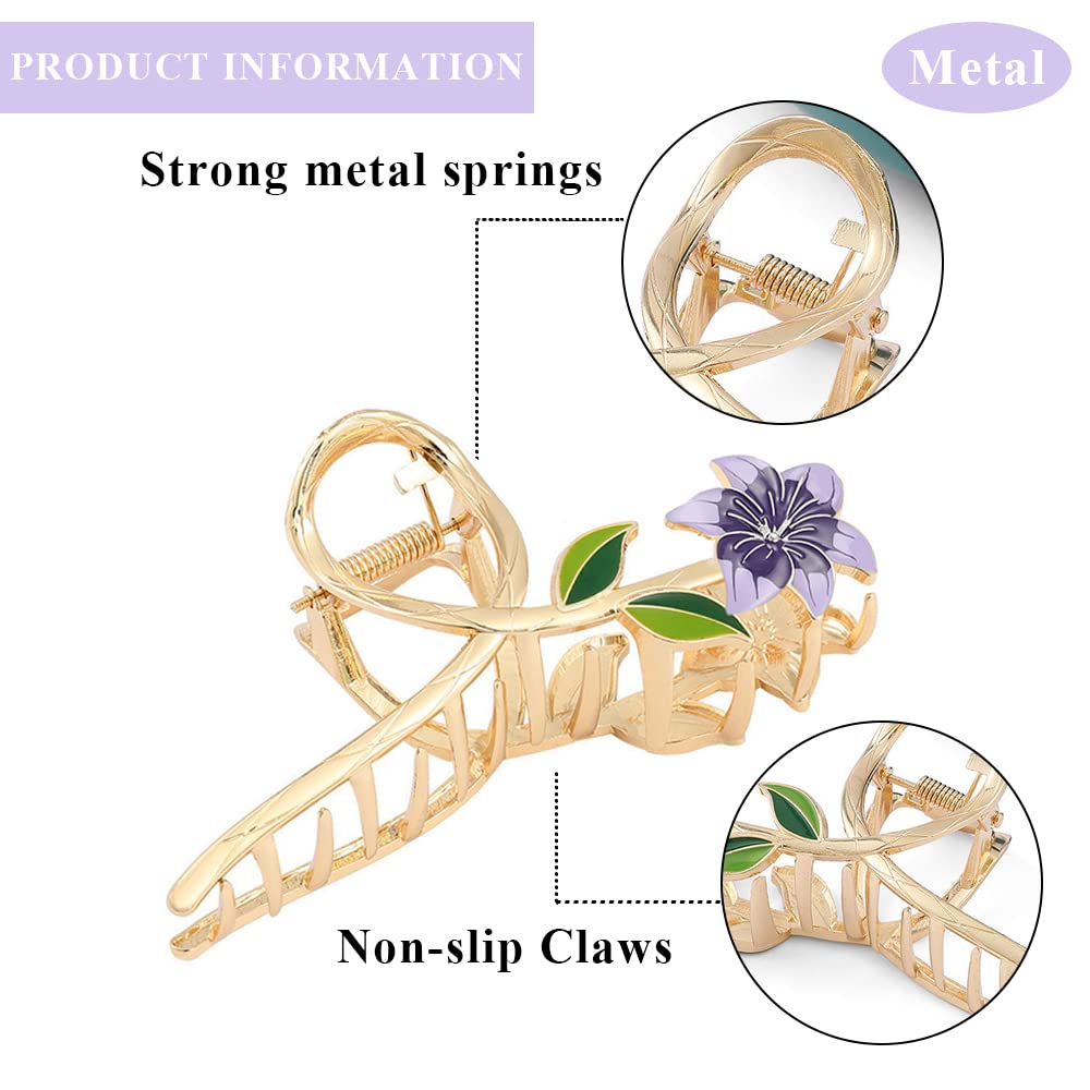 Claw Clips for Women: Large French Flower Hair Accessories - 2Pcs Metal Gold Floral Banana Clips for Thick Hair, Summer Hair Decorations in White & Purple