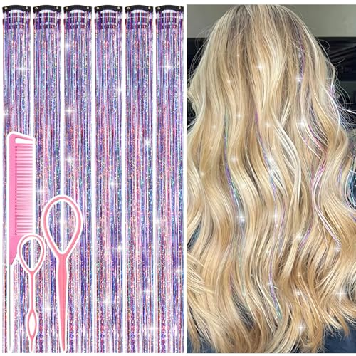 12 Pcs Colorful Fairy Hair Tinsel Kit - Clip-In Holographic Hair Extensions