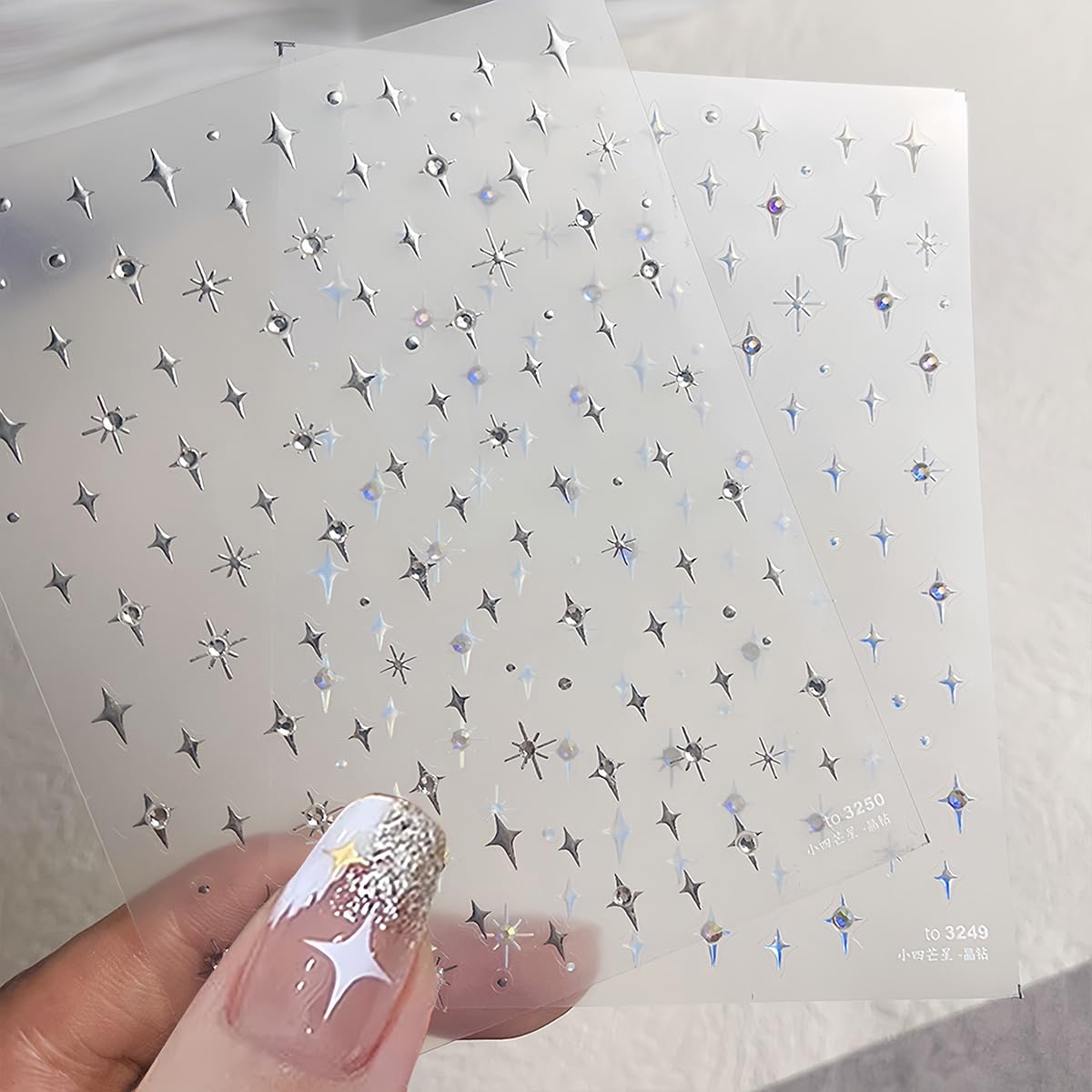 Shiny Crystal Star Nail Stickers for Nail Art, 6 Sheets Shiny White Silver Stars Nail Decals 3D Self-Adhesive Star Nail Designs Sticker Nail Tips DIY Manicure Decoration Supplies for Women and Girls