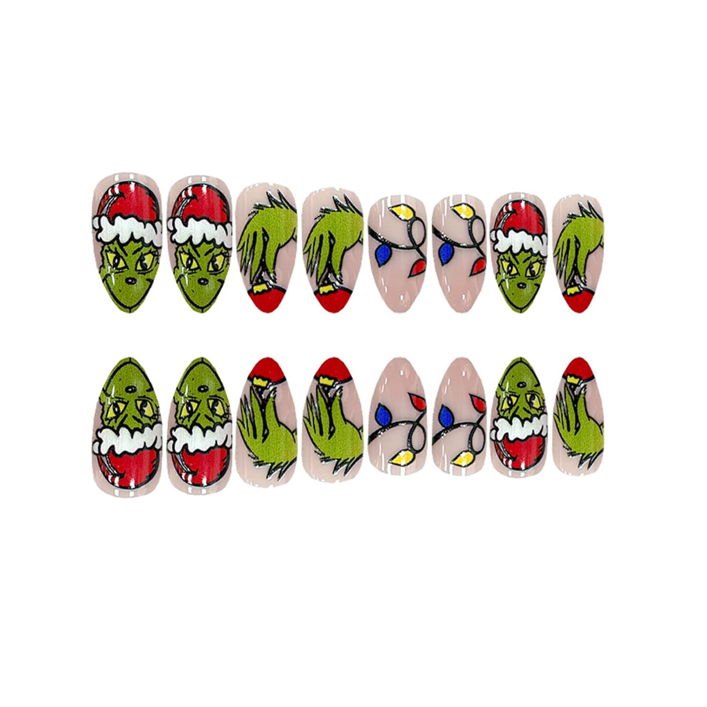 Christmas Press on Nails Short Almond Shaped Fake Nails with Green Monster Designs Full Cover Acrylic Nails Winter False Nails with Designs Cute Xmas Gloss Artificial Nails Nail Decorations for Women