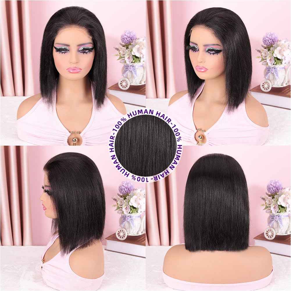 omswet Wear and Go Bob Wig Human Hair 200 Density 5x5 HD Lace Closure Pre Plucked Pre Bleached Pre Cut Glueless Wig Bob Wigs for Black Women Human Hair Glueless Short Wigs Natural Black 10 Inch