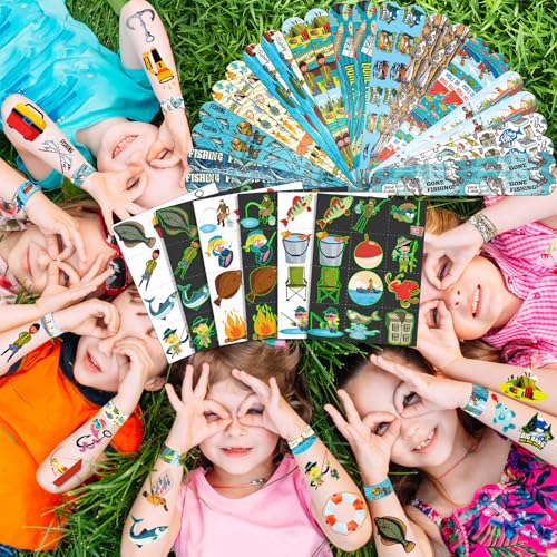 96 PCS Fishing Party Favors Set ? 72 Pre-Cut Temporary Tattoos & 24 Slap Bracelets for Kids, Perfect for Outdoor Birthday Parties, Camping Adventures & Classroom Rewards