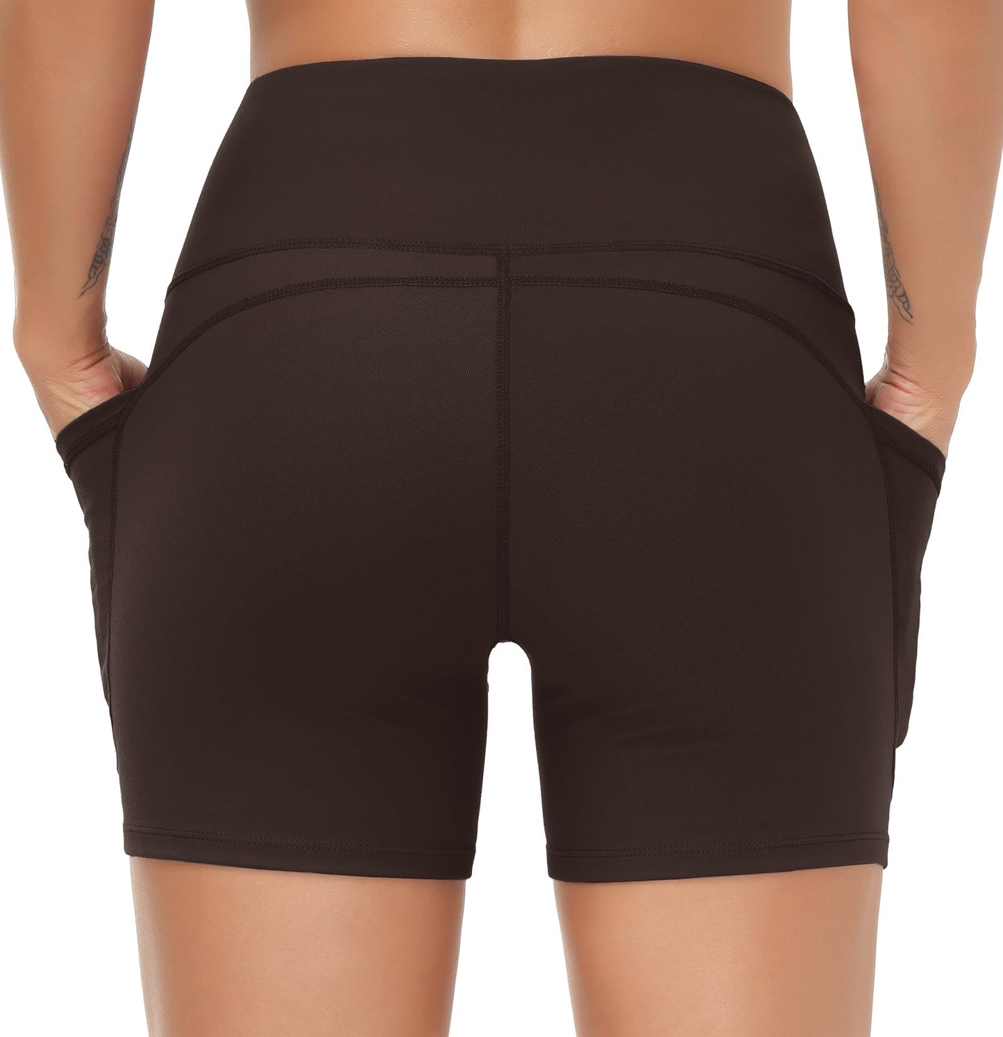 THE GYM PEOPLE High Waist Yoga Shorts for Women's Tummy Control Fitness Athletic Workout Running Shorts with Deep Pockets Brown