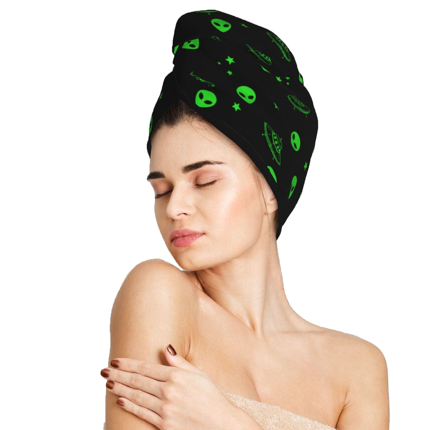 famliihw Galaxy Alien Hair Towel Wrap Microfiber Fast Drying Hair Turban with Buttons for Women Men Drying Curly, Long & Thick Hair