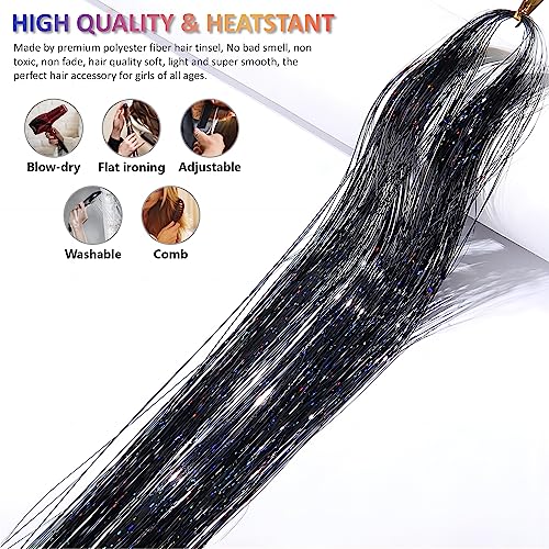 Black Hair Tinsel Kit 48 Inches with Tools & Instructions - Sparkling Hair Extensions for Women & Girls