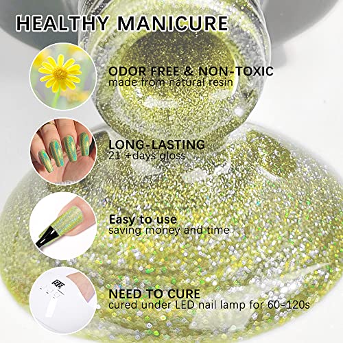 MIZHSE Green Holographic Gel Nail Polish, Laser Gel Nail Polish with Glitter Glossy Mermaid Unicorn Effect, Curing Required Nail Art Manicure Salon DIY at Home, 1PC 10Ml