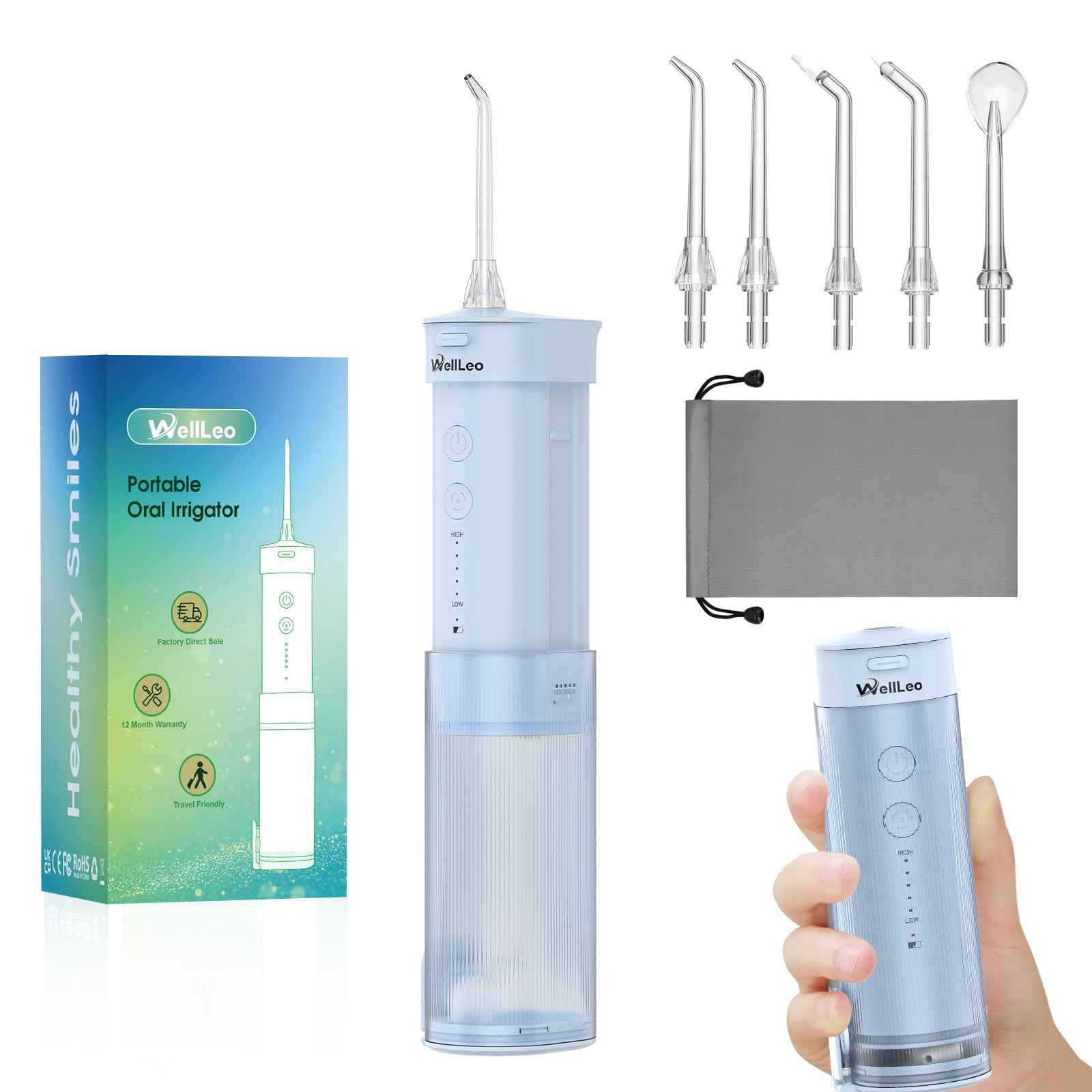 WellLeo Mini Water Flosser for Teeth,Travel Dental Flosser Picks, Portable Oral Irrigator with Telescopic Water Tank, 5 Modes IPX7 Waterproof Tooth Flosser for Brace, Sensitive Teeth, with Storage Bag