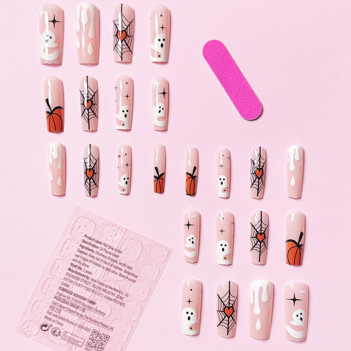 24Pcs Halloween Press on Nails Long Coffin Fake Nails Nude Pink Acrylic Nails Cute Ghost Pumpkin Spider Web Stick on Nails Supplies Full Cover Square False Nails for Women DIY Halloween Nail Decor