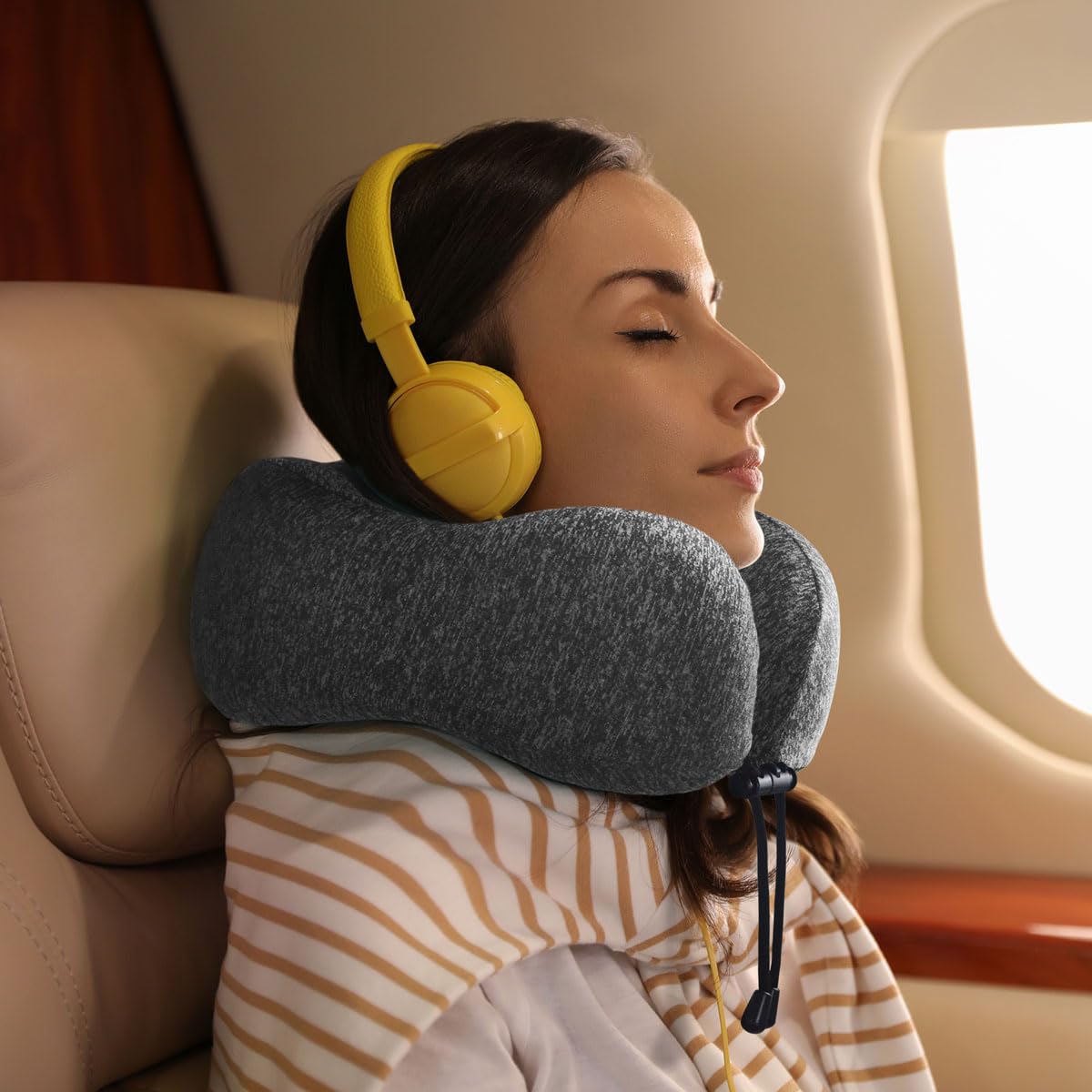 napfun Travel Pillow for Airplane, Premium Memory Foam Neck Pillow for Flight Headrest Sleep, Portable Plane Accessories, Deep Gray