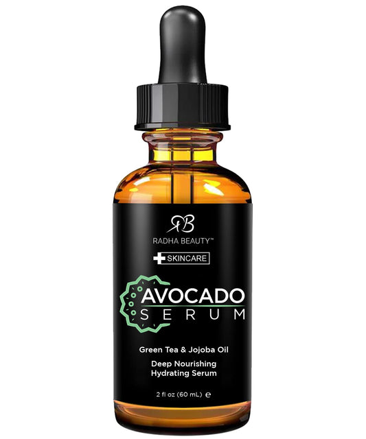 Radha Beauty 2oz Avocado Facial Serum with Hyaluronic Acid, Vitamin E, Jojoba & Green Tea - Moisturizing & Anti-Aging Formula