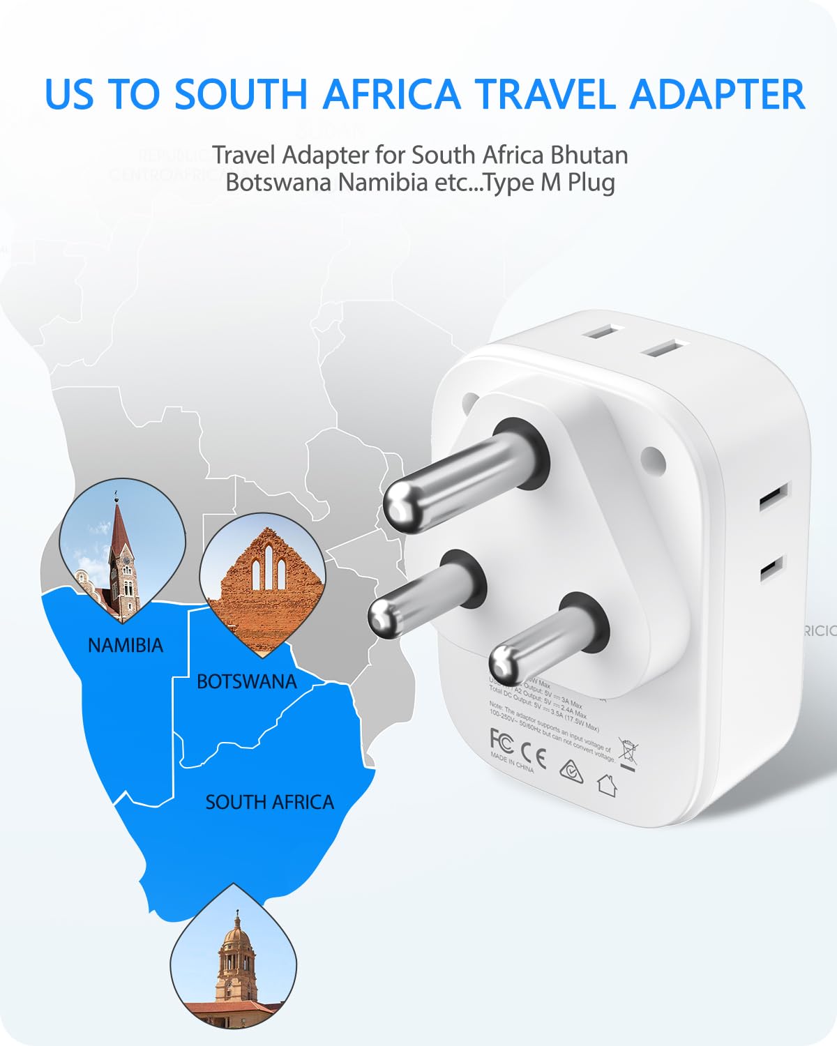 LENCENT South Africa Power Adapter, South Africa Grounded Travel Adaptor with 4 American Outlets, 4 USB Charger(2 USB C), Type M Plug Converter for US to South Africa Bhutan Botswana Namibia Zimbabwe