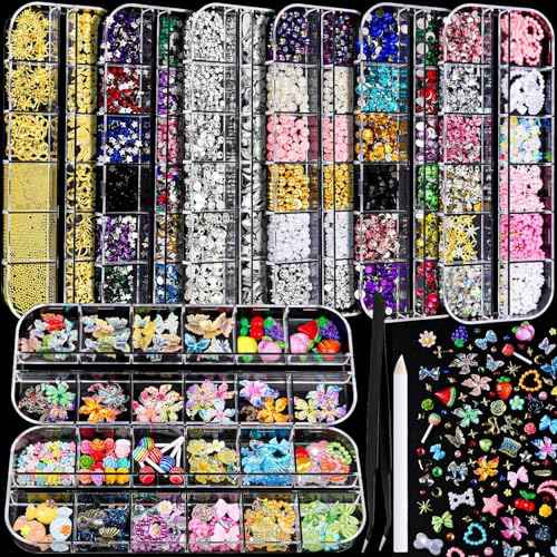 FANDAMEI Nail Charms and Gems, 8 Boxes Nail Art Kit for Design, Multi-Shape Rhinestones for Nails Flat Back Pearls Jewels, 3D Fruit Flower Candy Nail Charms, Gold Nail Studs Jewels