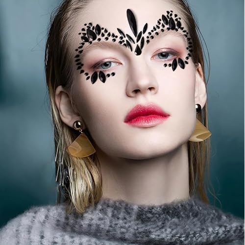 6 Sheets Black Face Gems, Self-Adhesive Rhinestone Face Jewels for Festivals, Halloween, and Costume Parties, Large